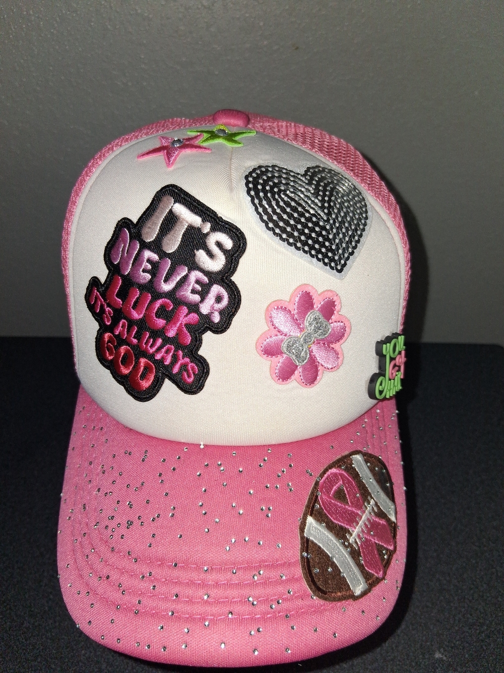 Ladies Pink Embellished Trucker Hat - Inspirational Patch Design